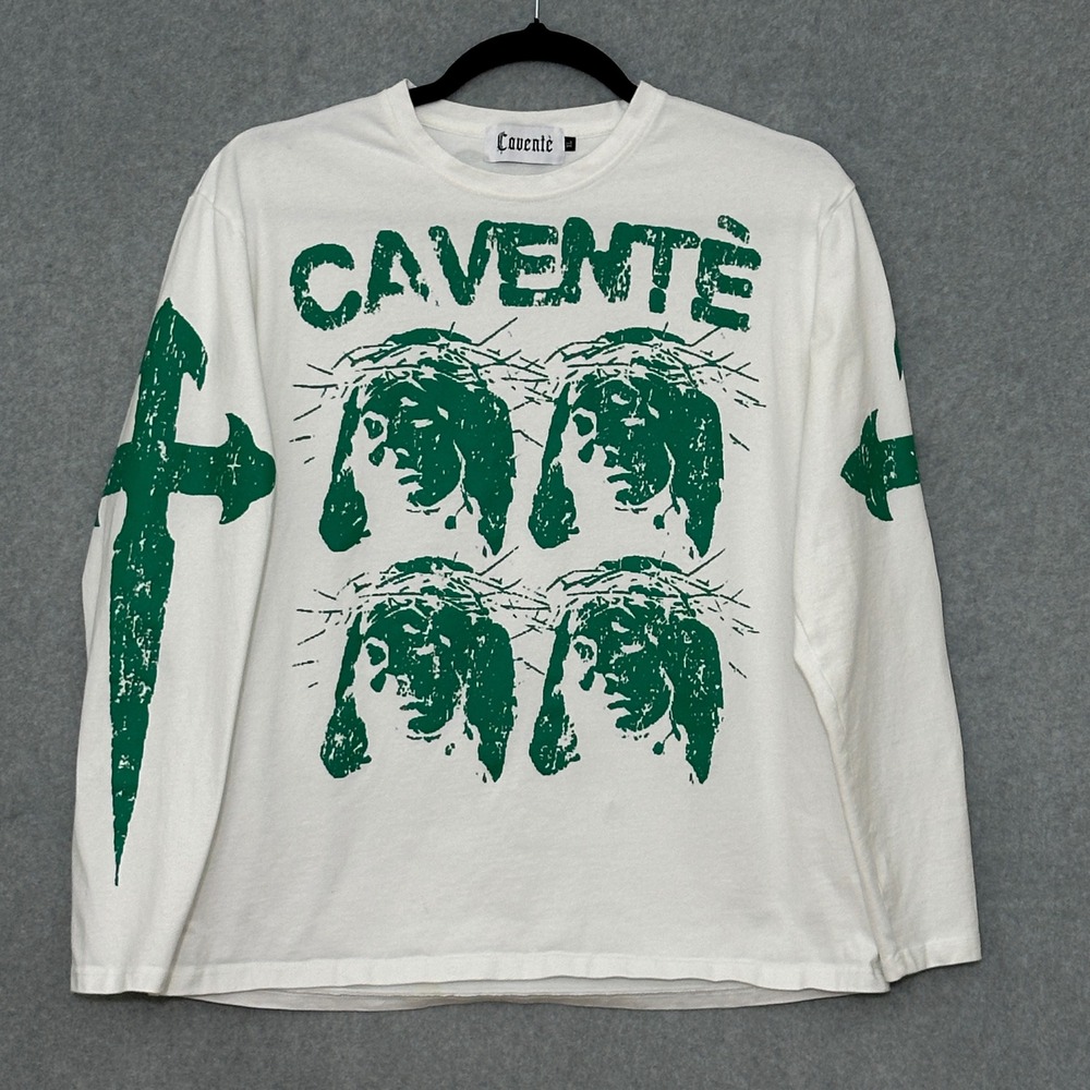 Cavente Mens XL Long Sleeve T-Shirt White Green Jesus Cross Graphic Streetwear